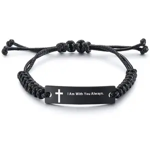 Personalized Bracelet Stainless steel curved tag engraved bracelet, stainless steel curved tag woven laser-marked black electroplated cross faith bracelet