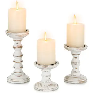 Wood Candle Holders for Pillar: Rustic Candles Holder Set of 3 Tall Table Centerpiece Shabby Chic Decor Wooden White Farmhouse Decorations for Fireplace Mantle