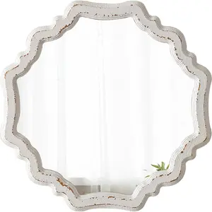 Rustic Scalloped White Round Mirrors for Wall Decor Living Room 15.7 Inch, Hanging Vintage Wooden Circle Vanity Mirror for Bathroom, Handmade Distressed Fa