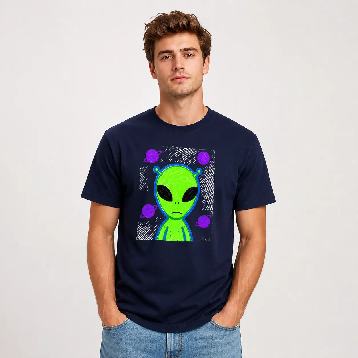 CARPESUN Women's Graphic T-Shirt - Retro Sci-Fi Style, Green Alien & Purple Planets Alien Theme Print, Soft Breathable Cotton, Unisex Cut Casual Wear, Machine Washable Single Pack Top, Graphic Print