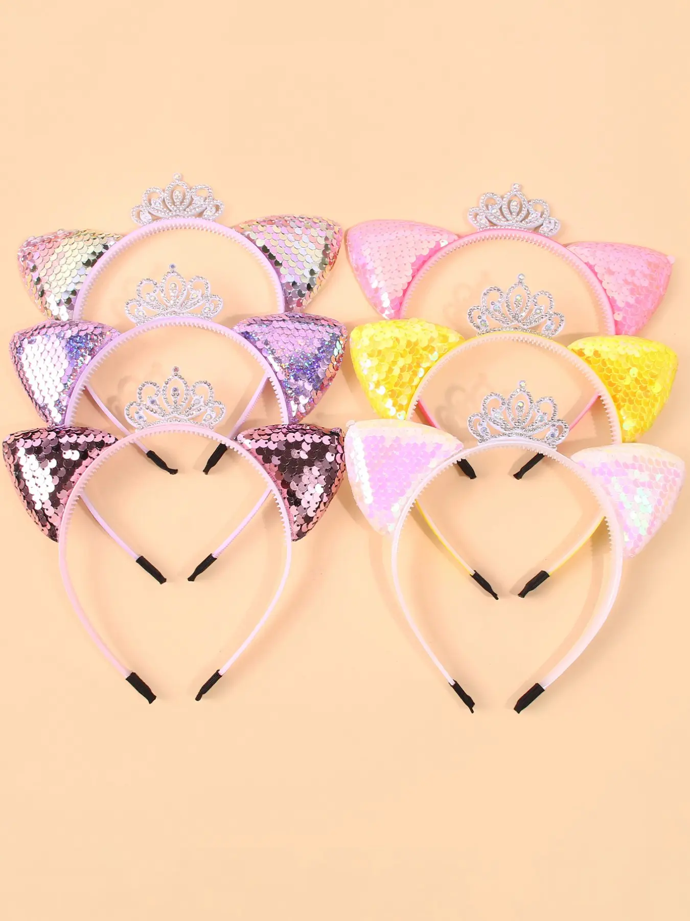 6 Pcs Glitter Cat Ear Crown Hairbands, Fashionable Versatile Headbands, Perfect for Parties, Events, Holidays, Daily Use, Cute Cartoon Hair Accessories