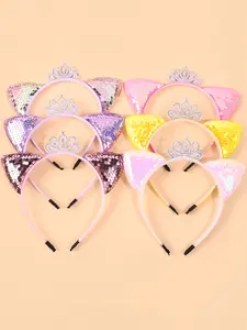 6 Pcs Glitter Cat Ear Crown Hairbands, Fashionable Versatile Headbands, Perfect for Parties, Events, Holidays, Daily Use, Cute Cartoon Hair Accessories