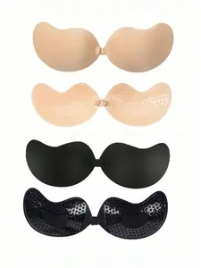 4 pieces of women's self-adhesive strapless bra-adjustable invisible rimless underwear, sticky bra, textured and comfortable fabric, can be worn daily (beige black), seamless design, Wireless Seamless Bras, close fit, covering nipples