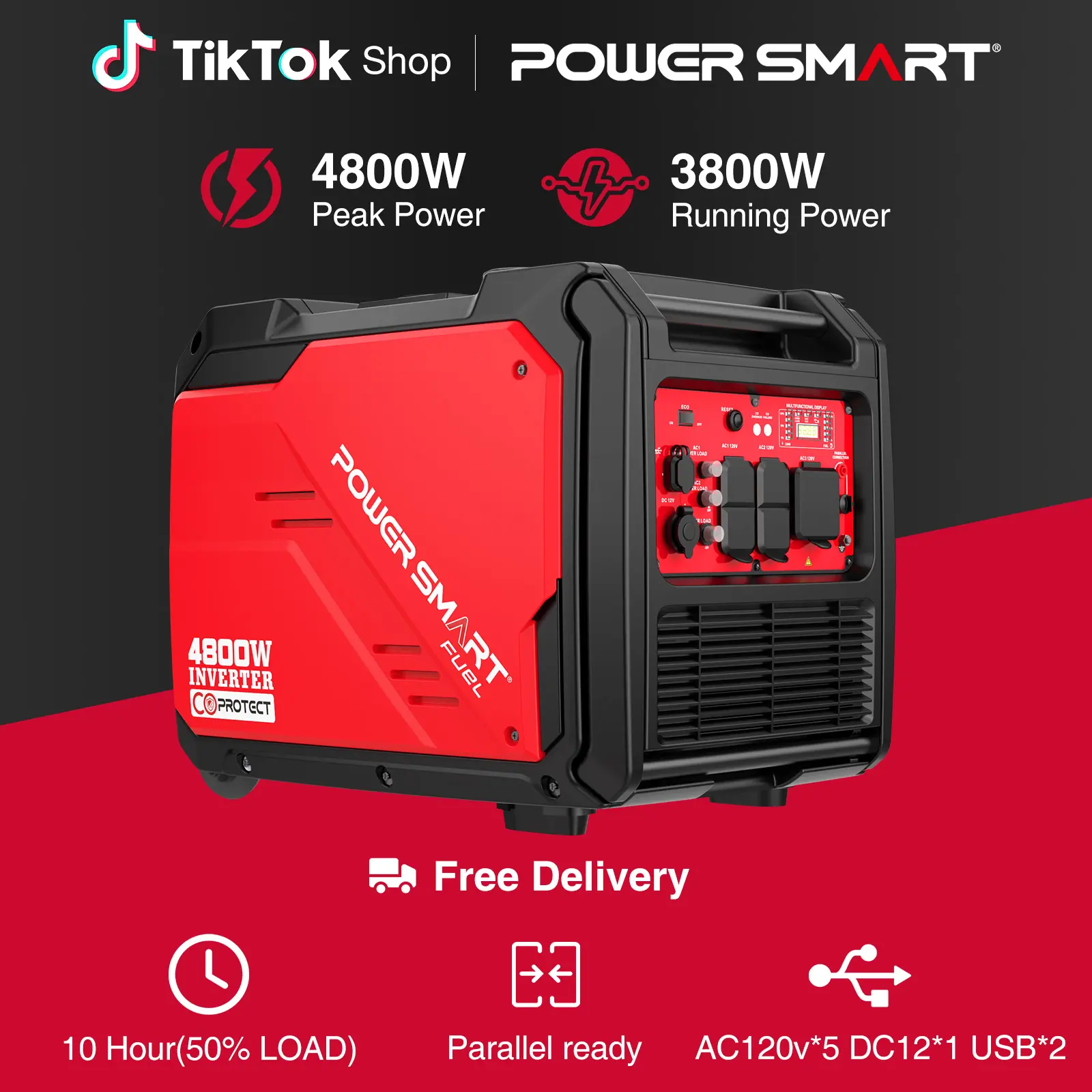 PowerSmart 4800W Portable Inverter Generator,Electric Start,Gas Powered Quiet Inverter Generator with CO Alarm & RV Ready 30A Outlet,223cc Engine Eco-Mode Generator for Home Backup,Camping and Tailgating, PS5046CE HB5046C