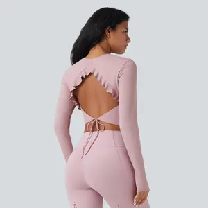 Halara SoftlyZero Airy Round Neck Long Sleeve Thumb Hole Cut Out Tie Back Cool Touch Cropped Yoga Sports Top