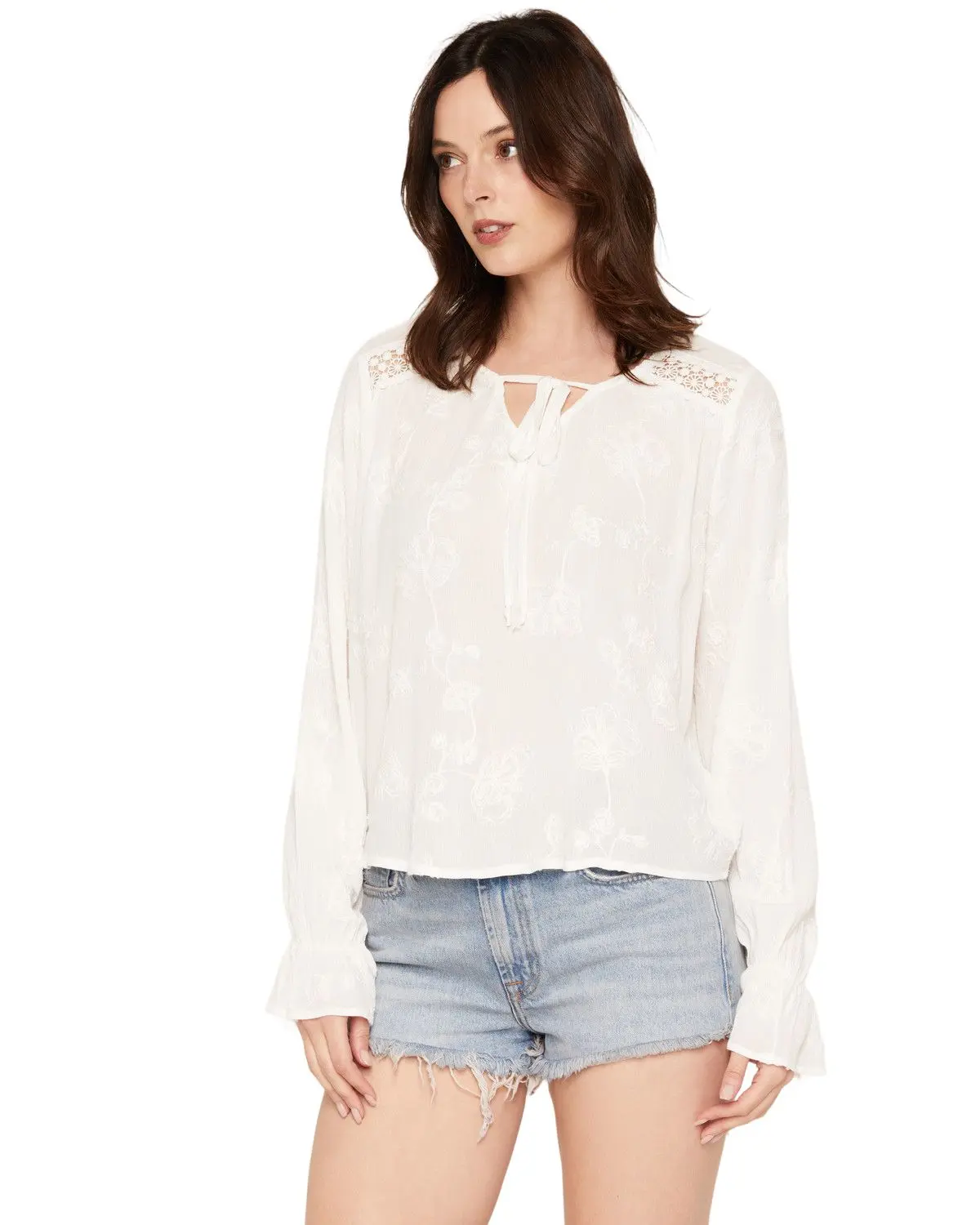 Wild Moss Women's Women'S Tonal Embroidered Long Sleeve Peasant Top - Ima5878-W1997