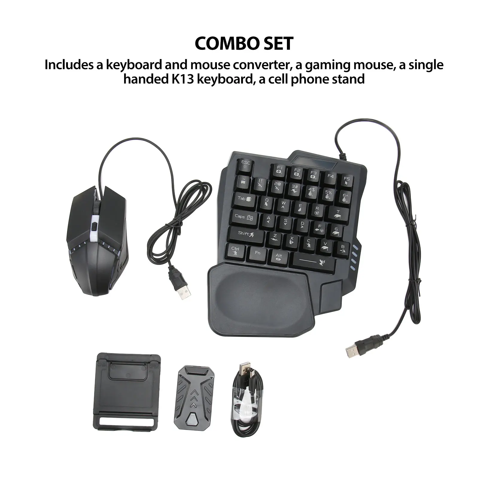 4-in-1 Mobile Gaming Combo Pack - K13 1-Handed Gaming Keyboard, Mouse, Converter, Adjustable Phone Stand for Android, 120FPS No Lag, Plug & Play, Custom Key Mapping for FPS Mobile Games