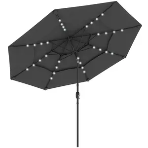 Black 9.7ft solar LED patio umbrella with 32 lights along ribs 3 tier vented canopy crank tilt perfect for evening dining