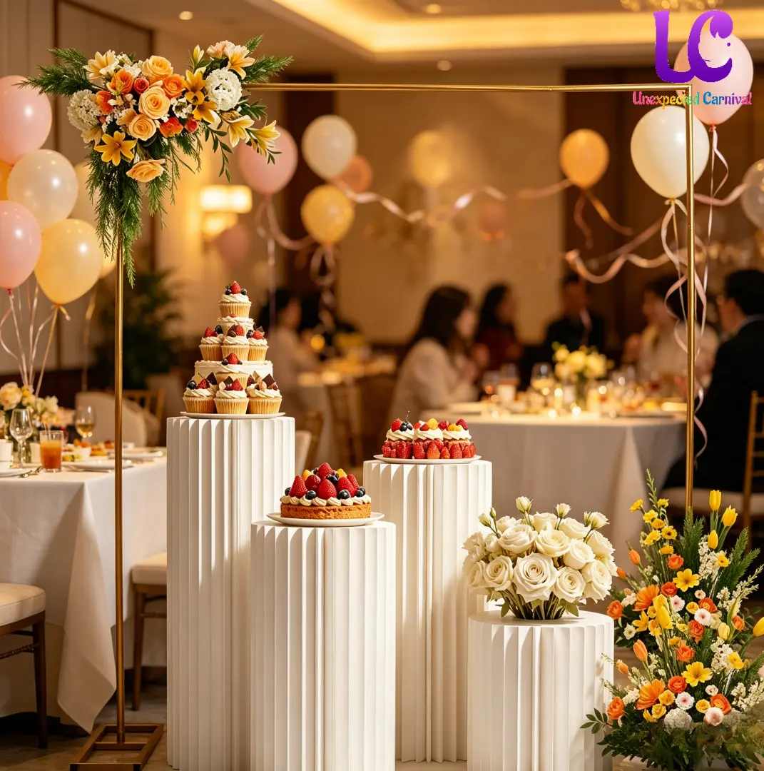 UNEXPECTED CARNIVAL UC Geometric Carnival Themed Birthday Party Decor Kit - Gold Square Metal Frame Backdrop Arch with 4 Foldable Paper Cylinder Pedestals for Floral, Balloon Display & Photo Shoots (Metallic Foldable Set)