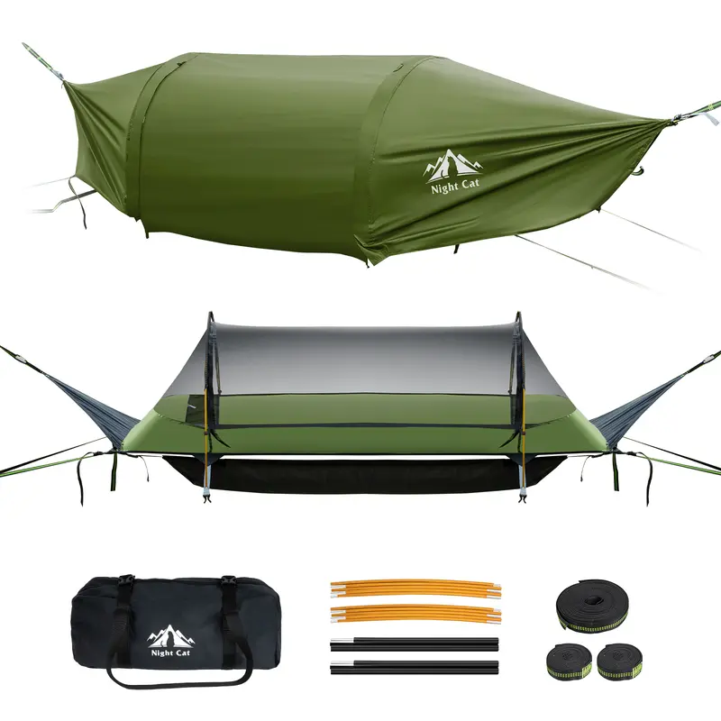 Night Cat 3-in-1 Flat Layout Single Hammock Tent - Durable Portable Hammock with 210T Nylon Mesh, Bug-Net Protection, Rainfly, 330LBS/150KG Capacity for Backpacking, Hiking