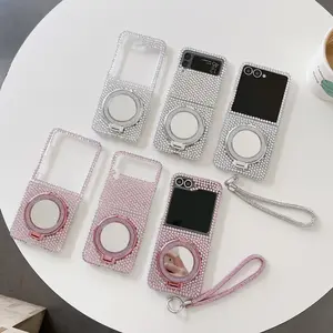 Full Screen Diamond Folding Phone Case for Samsung Galaxy Z Flip 3/4/5/6/7, Makeup Mirror Stand Protective Cover