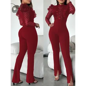Unique Polyester Knit Fabric Jumpsuit with Color-Block Lace Details, Stand Collar, Flared Legs, and Side Slits - 97% Polyester, 3% Spandex, Solid Color, All-Season Adult Clothing, Comfortable Fashion|Elegant Mesh Details|Complex lace details