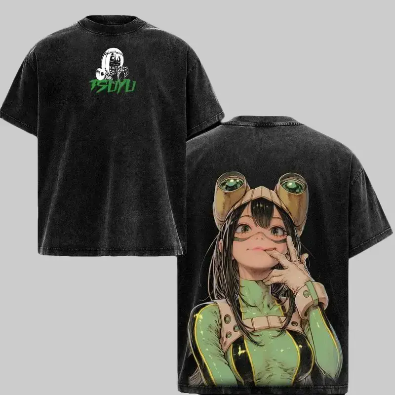 Tsuyu Asui My Hero Academia Froppy Vintage Washed Oversized Heavyweight Cotton T Shirt Unisex Double Printed MHA Graphic Tee Boku No Hero Anime Streetwear Y2K Retro Casual Short Sleeve Mens Womens Harajuku Top