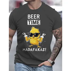 Beer Time Funny Chick Graphic Cotton T-Shirt, Valentine's Day Gift for Him, Fashion Oversized Comfort Outfit for Beer Lover Friends