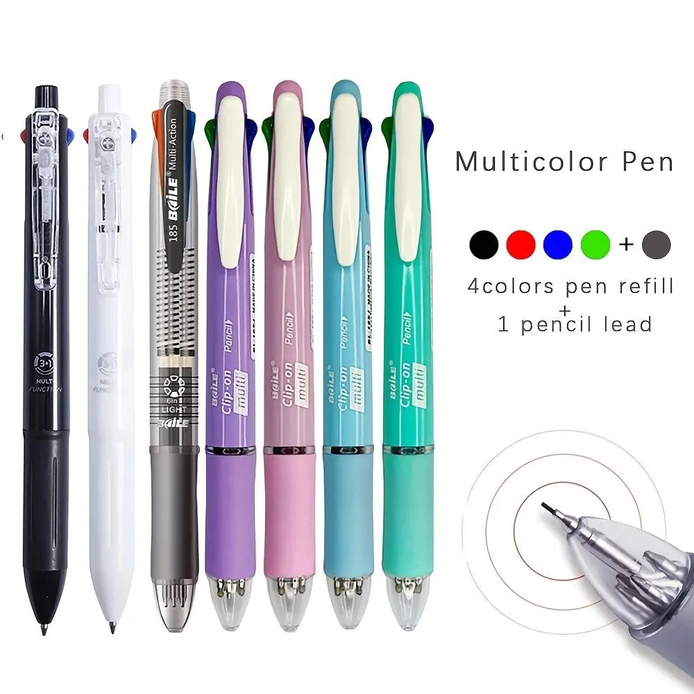 A 5-in-1 colored ballpoint pen: 4 colors + 1 mechanical pencil with eraser - Office stationery writing supplies Retractable Clicker Pens