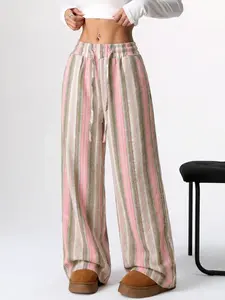 Women's Summer Dopamine Resort Style Colorblock Striped Wide-Leg Pants, Linen Casual Long Trousers, Loose-Fitting Comfortable Clothing