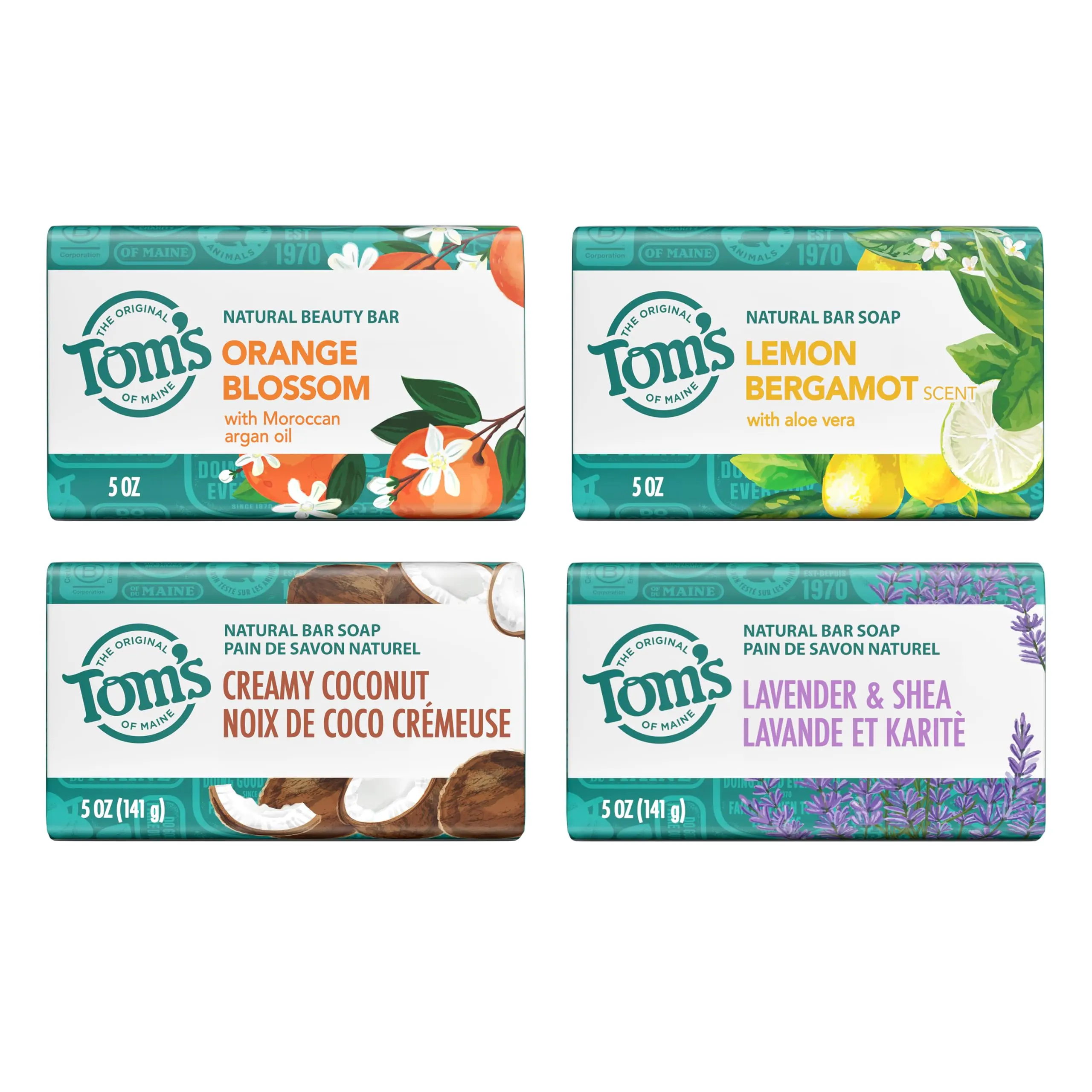 Tom’s of Maine Bar Soap Variety Pack, Lavender & Shea, Creamy Coconut, Orange Blossom, Lemon Bergamot, Dermatologically Tested, Paraben Free, Vegan, 4 Count