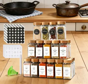 24Pcs Glass Spice Jars with Bamboo Lids & Labels, Airtight Seasoning Containers Set, Kitchen Spice Organizer for Herbs, Salt, Pepper & Seasoning Storage