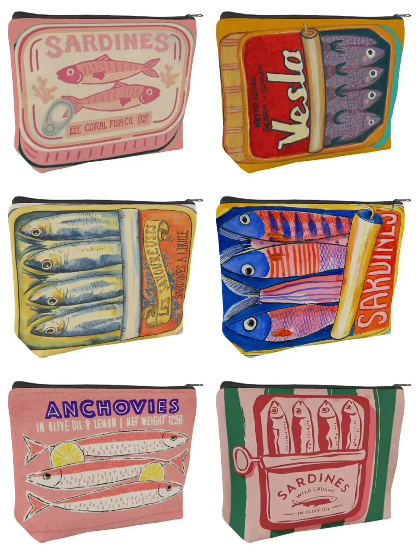 Vintage Sardine Pattern Makeup Bag, Foldable Spacious Zipper Pouch, Unisex Travel Toiletry Bag, Multifunctional Coin Purse, Travel Cosmetic Bags, Gift for Friends, Cosmetic Bag, Cosmetics Bag