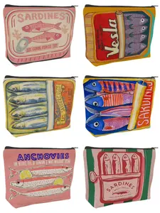 Vintage Sardine Pattern Makeup Bag, Foldable Spacious Zipper Pouch, Unisex Travel Toiletry Bag, Multifunctional Coin Purse, Gift for Friends, Cosmetic Bag