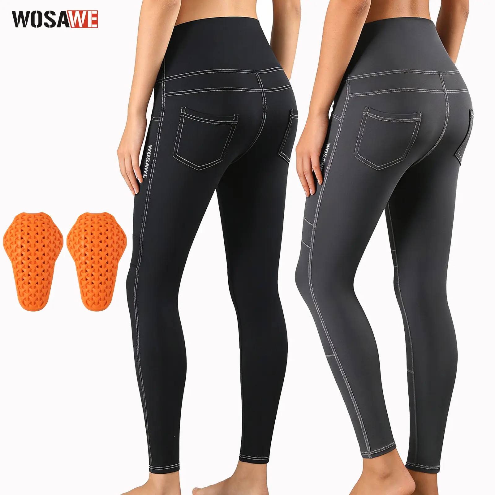 WOSAWE Women's High-Waisted Motorcycle Protective Leggings with Removable Pads, 3D Booty Lift, Utility Pocket, Reflective Elements, Elastic Fabric, Unrestricted Fit for Yoga/Running, Black+Gear, Zero Restriction, Female