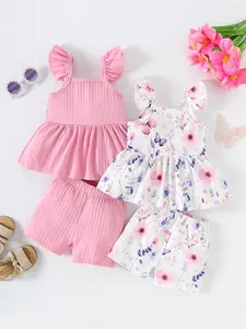 Summer 4-Piece Baby Girls Floral & Solid Striped Sleeveless Vest + Casual Comfortable Shorts Set, Cute for Toddlers, Floral Patterns