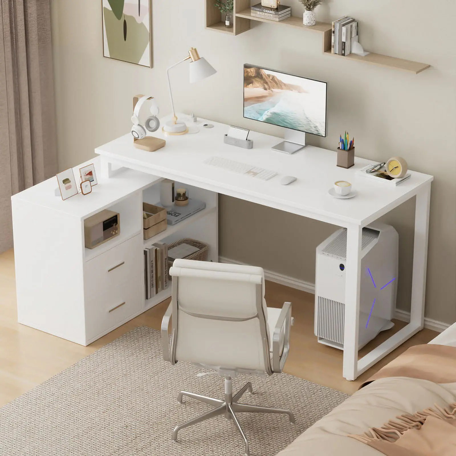 FURMAX 55 Inch L-Shaped Corner Computer Desk with File Cabinet, Power Outlet, Home Office Desk with 2 Drawers and 3 Storage Shelve, Workstation Execut