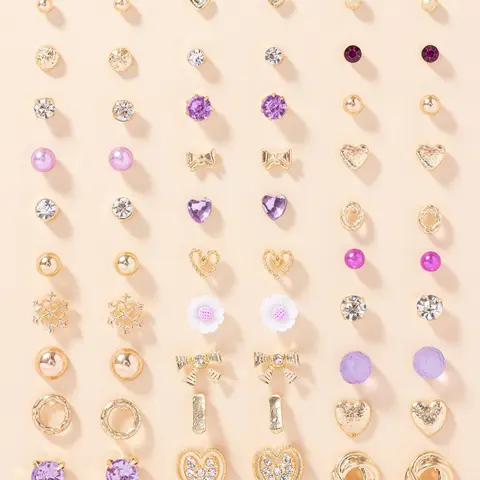 30 Pairs Women's Elegant Rhinestone Decorated Stud Earrings, Earring Pack, Heart & Flower Design Stud Embellished Earrings, Fashionable Bow Decor Jewelry for Women & Girls for Daily & Party Decoration