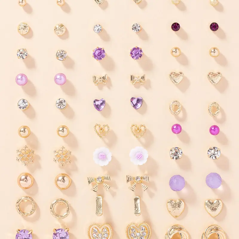 30 Pairs Women's Elegant Rhinestone Decorated Stud Earrings, Earring Pack, Heart & Flower Design Stud Embellished Earrings, Fashionable Bow Decor Jewelry for Women & Girls for Daily & Party Decoration