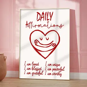 Daily Affirmations Print, Trendy Red Wall Art, French Aesthetic Wall Art, Hand Drawn Sketch Poster, Mental Health Poster