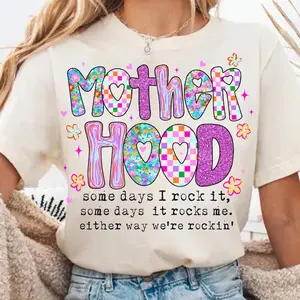 Motherhood Coquette Bow Checker T-Shirt, Neon Mother Shirt Hood, Funny Mom Cotton Tee, Full Sizes, Full Color, Gift For Mom, Mother's Day Gift Idea