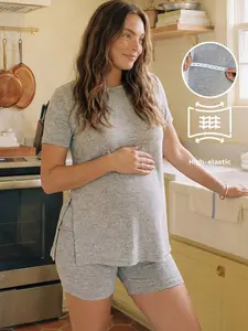 JOCASTAA 2pcs Maternity Casual Minimalist Side Slit Short Sleeve Top And Shorts Set, Summer Two Piece Set Women Short Sleeve Comfortable Two Piece Set Biker Short Sets Two Piece Set Women Comfy Grey Two Piece Set Gray Two Piece Set