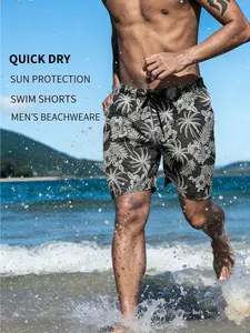 Mens Hawaiian Print Swim Shorts With Elastic Waistband And Drawstring, Relaxed Fit, Quick-Dry Fabric, Ideal For Surfing, Beach, Swimming, Christmas Gift, Local Warehouse Shipping, Vacation Summer Holiday Wear Available.