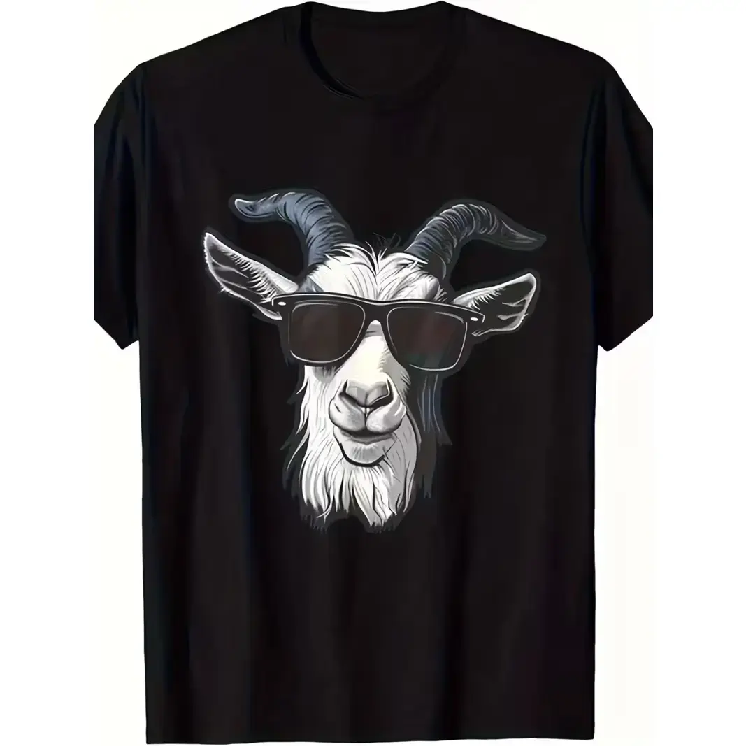 Women's Plus Size Classic Short-Sleeve Cotton T-Shirt, Breathable Fabric Cool Goat With Sunglasses Graphic Tee, Funny Animal Print Casual Daily Wear, Shortsleeve, Simple, Day, Layer, Loose