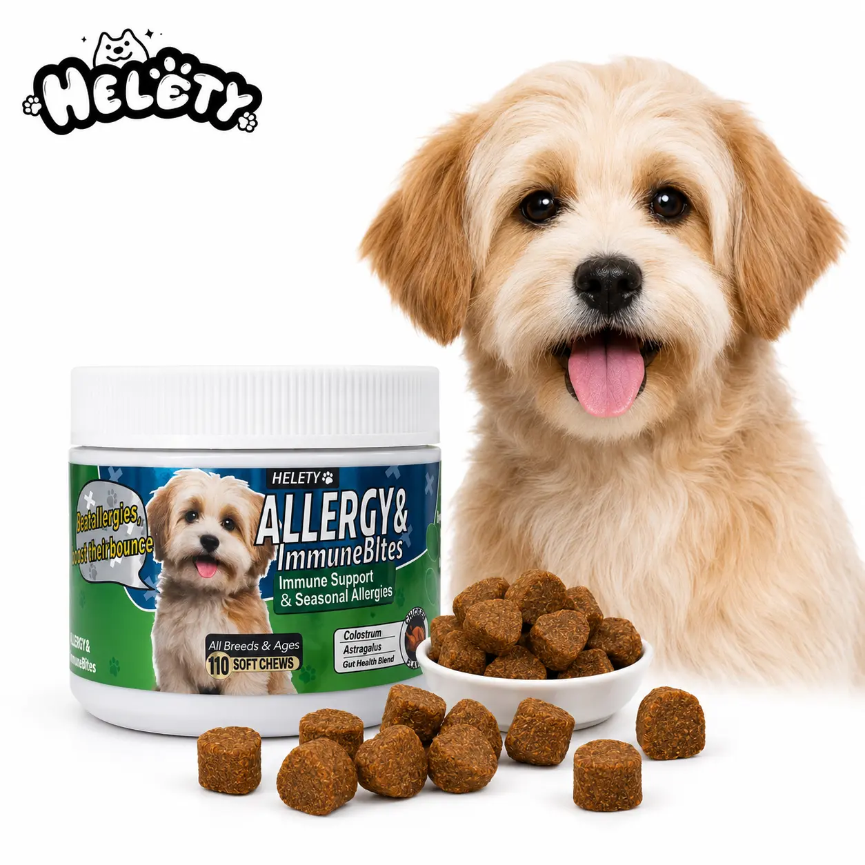 Helety Dog Allergy & Immune Support Soft Chews - 110 Ct Chicken Flavored Natural Blends with Colostrum, Astragalus, Gut Health Blend, 6-Strain Hip-Joint Support, Easy-to-Give Skin Relief Aid for All Breeds & Ages pumpkin flavor yeast carrot fleatick