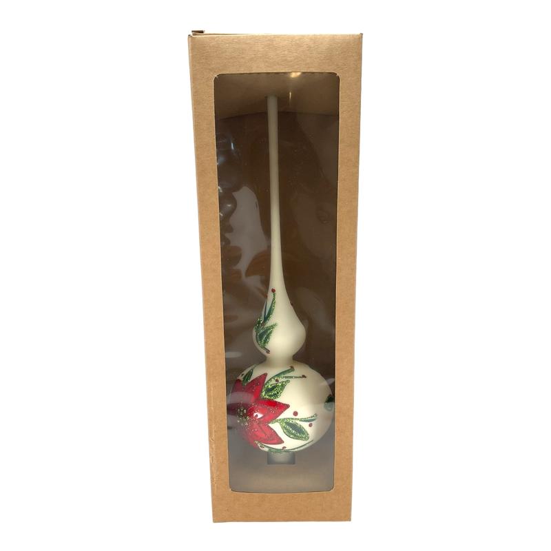 Pinnacle Peak Trading Poinsettia Design White Polish Glass Finial Christmas Tree Topper 14.5 inch