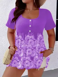 Women's Summer Casual Floral Print Short Sleeve Top, Plus Size Fashionable Lightweight Blouse, Comfortable Daily Wear