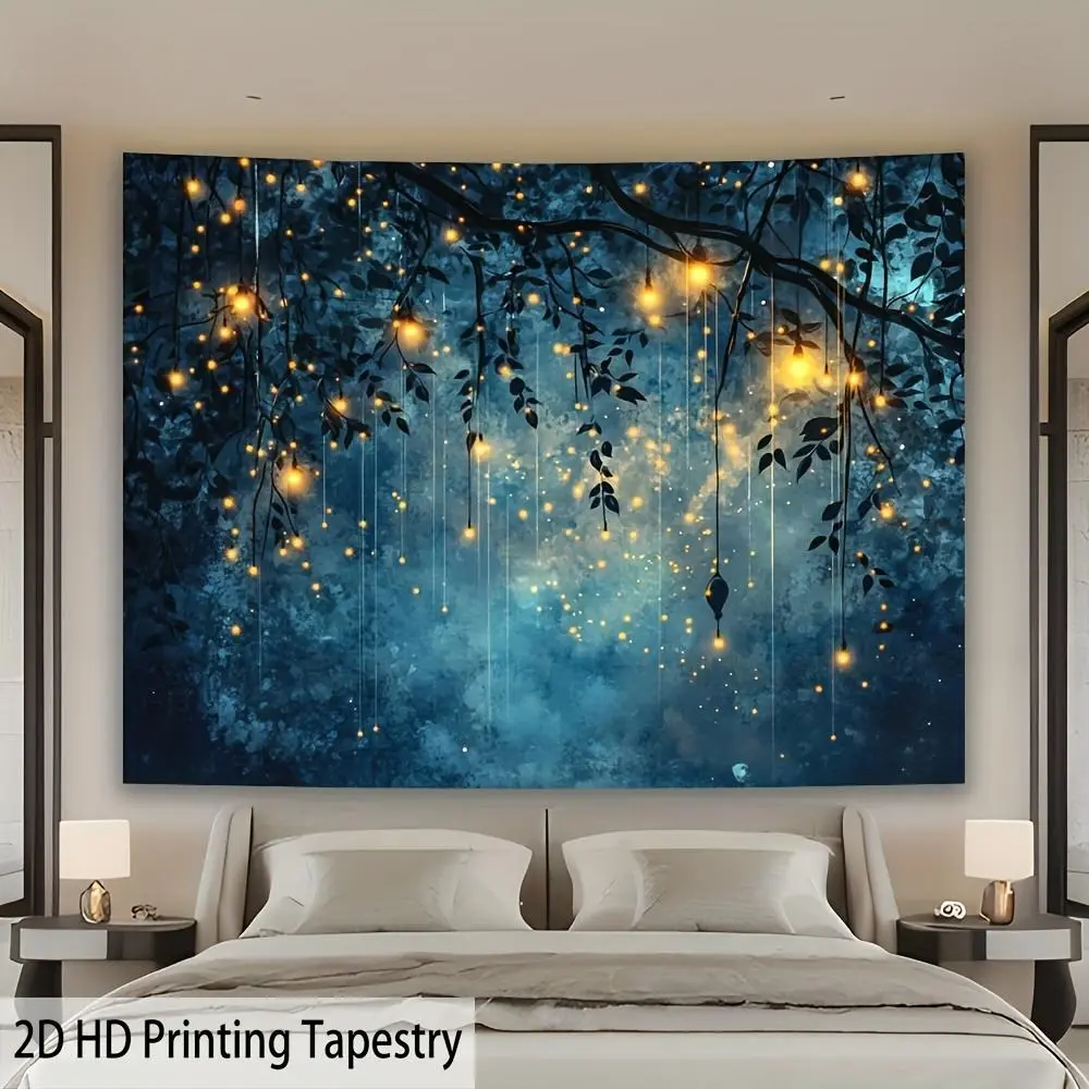 1pc Modern 2D Flat Printing Firefly Forest Wall Tapestry - Washable Polyester Art, Glowing Lanterns, Lush Greenery, Dark Blue Background, Perfect for Living Room, Bedroom Decor, Creative Gift Hanging