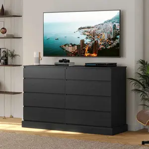 Sikaic 8 Drawers Long Double Dresser with Storage Organizer Wood Top Cabinets Wood Lateral Cabinet Wooden Vertical Chest Modern Home Furniture