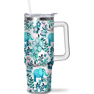 30 oz Insulated Stainless Steel Elephant Tumbler - Portable Reusable Water Bottle with Handle, Straw, Lid, Beverage Flask, Drink Cup, Travel Mug Gift for Women,summervibes