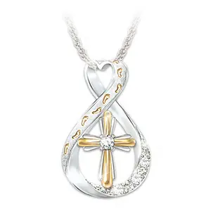 Two-tone Infinity Cross Pendant Necklace with Sparkling Crystal