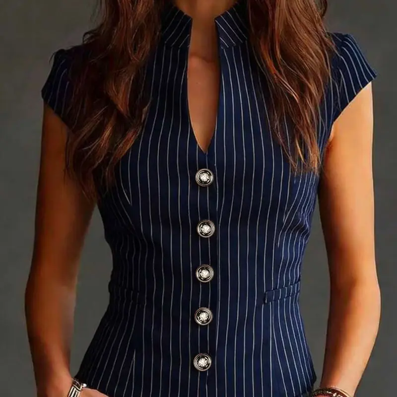 New Summer Women's Fitted Striped Stand Collar Button Shirt, Slim Fit V Neck Short Sleeve Commuter Top, Elegant Waist-Cinch Professional, Fashion Fitted Blouse