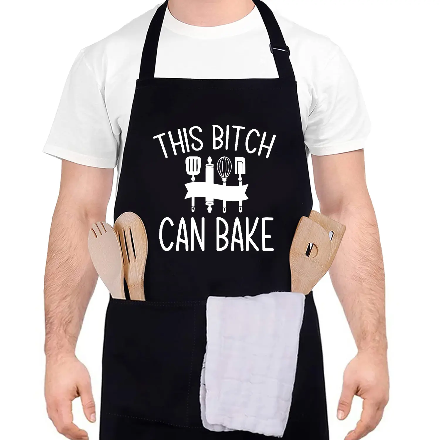 Funny Apron for Men-This Bitch Can Bake Adjustable Kitchen Black BBQ Grilling Cooking Chef Apron with Pockets for BBQ Grilling Cooking Waterproof Grill Daddy Gift for Father Husband Boyfriend Kitchen Aprons Aprons with Pockets Cooking Apron