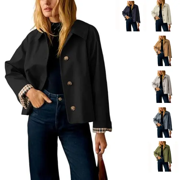 UANEO Womens Cropped Trench Coat Classic Collar Oversized Casual Jackets with Checkered Lining SummerVibes UANEO Womens Cropped Trench Coat Classic Collar Oversized Casual Jackets with Checkered Lining SummerVibes