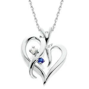 Blue Sapphire & Diamond Heart Pendant 14 KT White Gold With 18" Chain