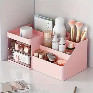 Makeup Organizer With 2 Drawers, Countertop Organizer For Vanity, Bathroom Organizers And Storage, Bathroom And Bedroom Desk Cosmetics Organizer For Skin Care, Brushes, Eyeshadow, Lotions (Pink)