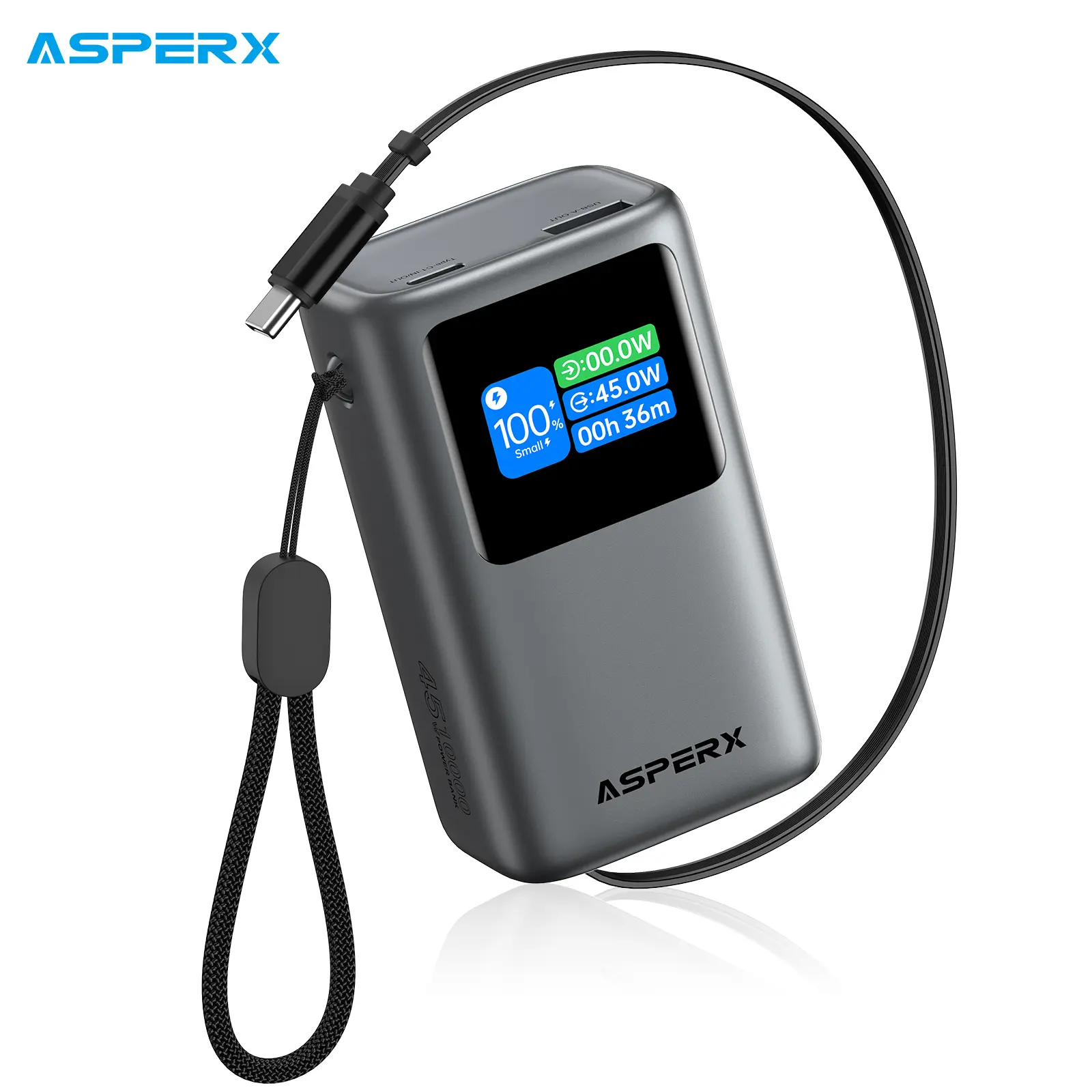 AsperX 45W Compact Power Bank, 10000mAh Portable Charger, Built-in Retractable Cable, TFT Smart Display, 3-Port Simultaneous Fast Charging Battery Pack for iPhone 17/16 Series, iPad, AirPods