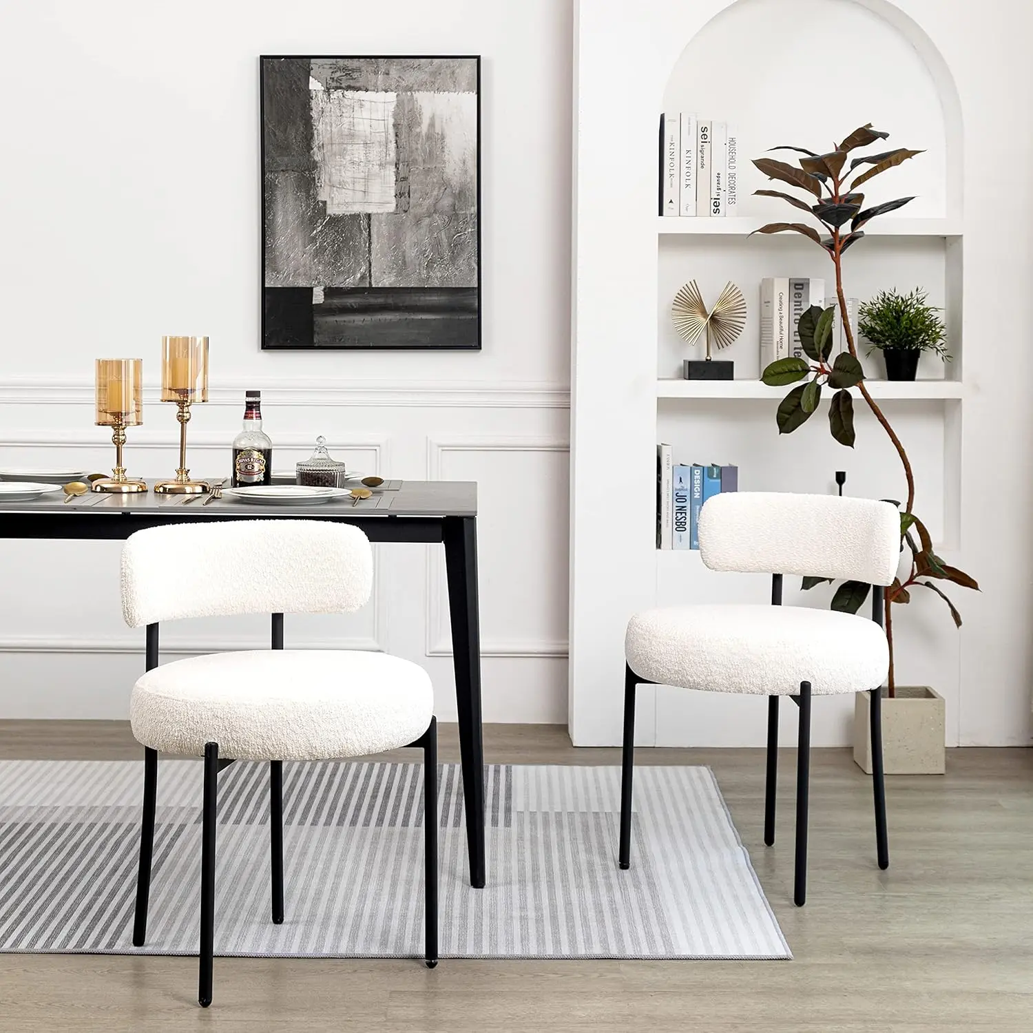 DYHOME Modern Boucle Dining Chairs Set of 2, Upholstered Comfy Kitchen Chairs with Curved Backrest and Black Metal Legs, Modern Minimalist Chairs