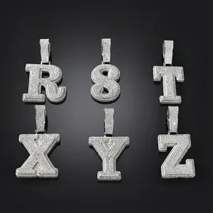 HELLOICE Iced Out 3D A-Z Letters Baguette Pendant 5A CZ 18K Gold Plated Pendant with 3mm 24inches Rope Chain
