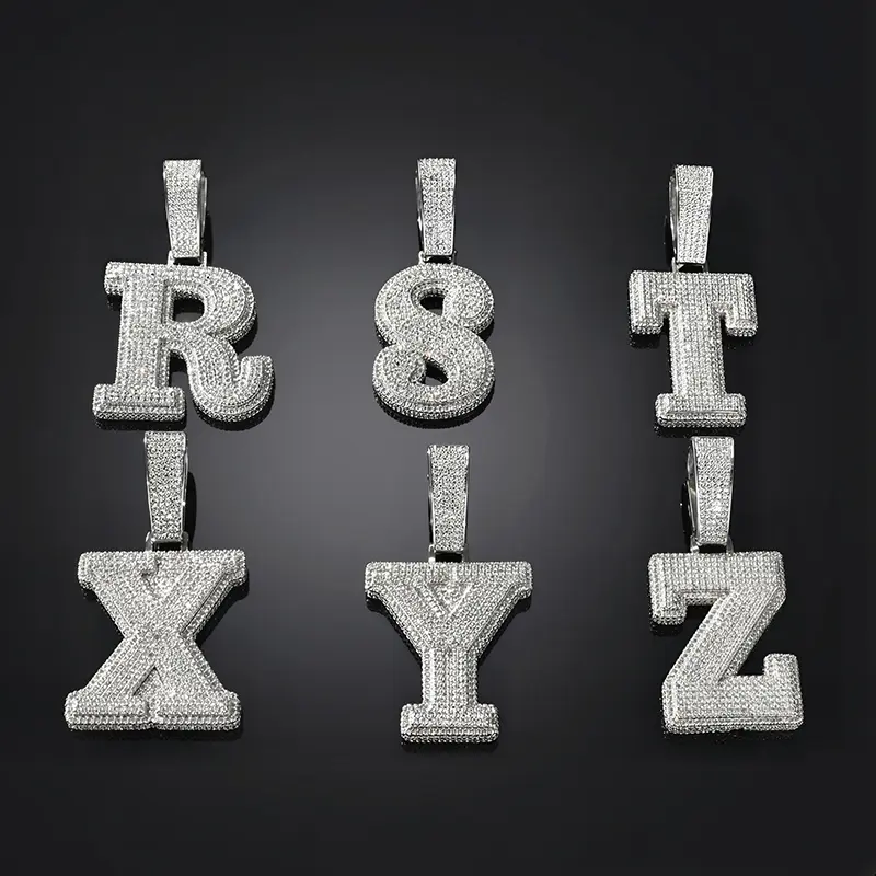 HELLOICE Iced Out 3D A-Z Letters Baguette Pendant 5A CZ 18K Gold Plated Pendant with 3mm 24inches Rope Chain